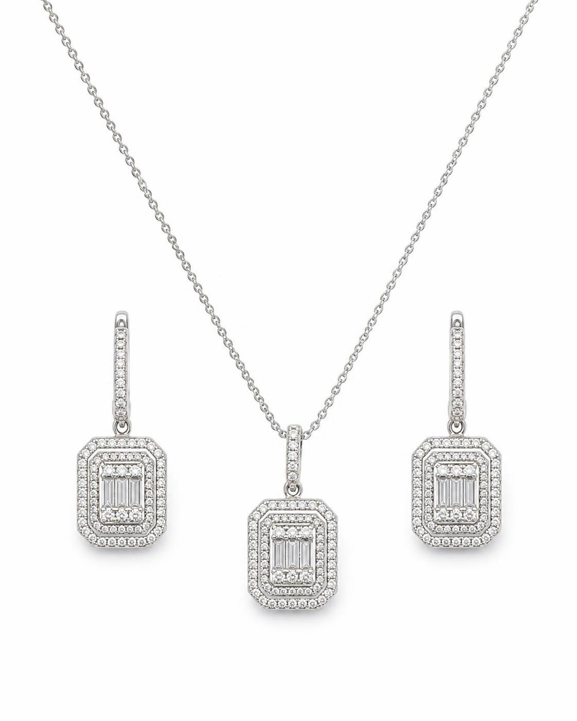 925 Sterling Silver Rectangular Baguette Necklace and Earrings Set